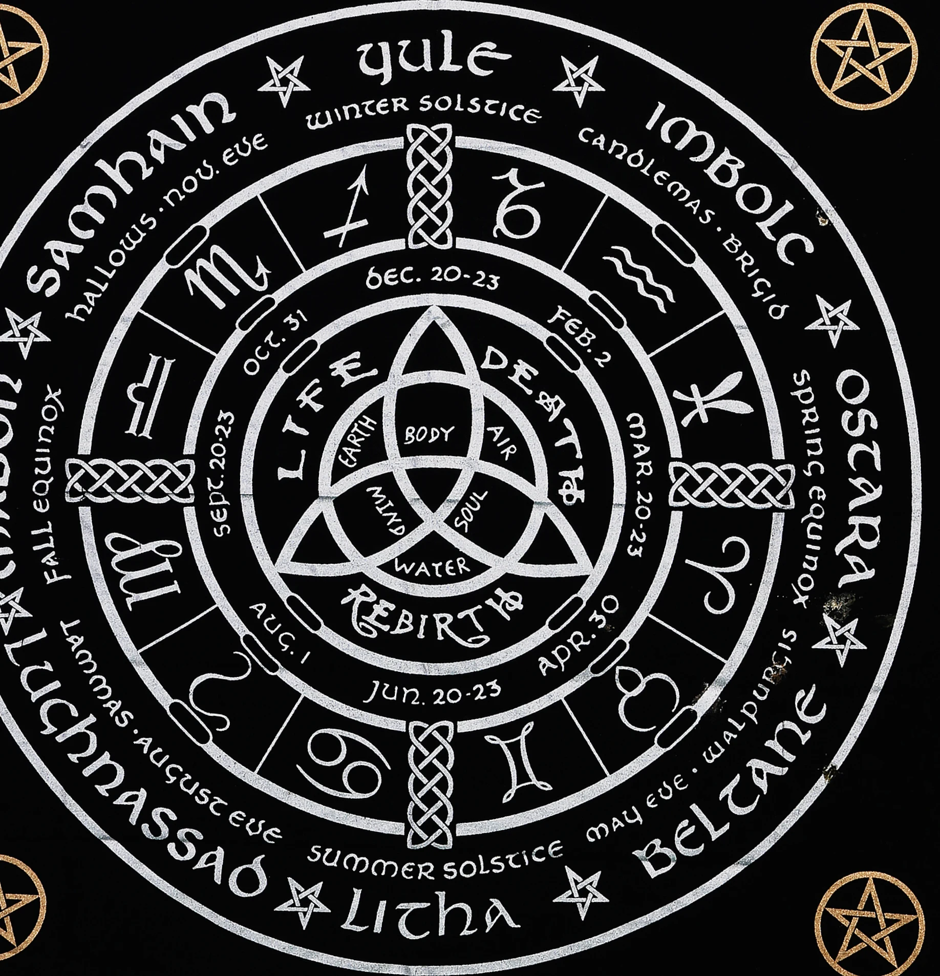 Pagan Wheel Altar Cloth Alter Cotton Fabric Handmade Alter Witchery Home Decor Black Silver