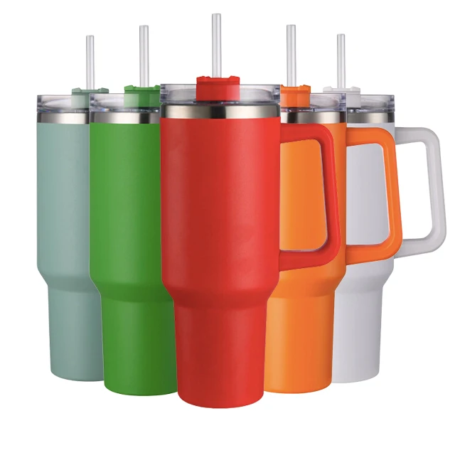 Trendy Double Wall 40oz Insulated Handle Tumblers With Lids and Straw