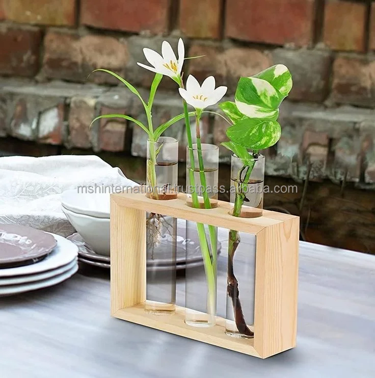 Indoor Glass Plant Terrarium with Wooden Stand test tube plant flower vase desktop propagation stations Hydroponic Vase Tube