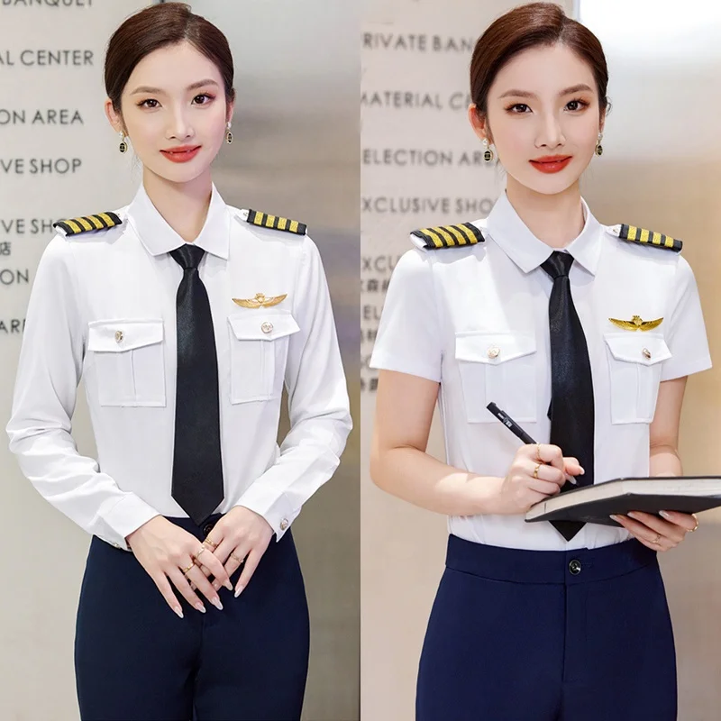 Airline Uniforms Womens Short Sleeve Pilot Shirts Captain Stripes Flight Costume Aviator Blouse Female Clothes White Shirt