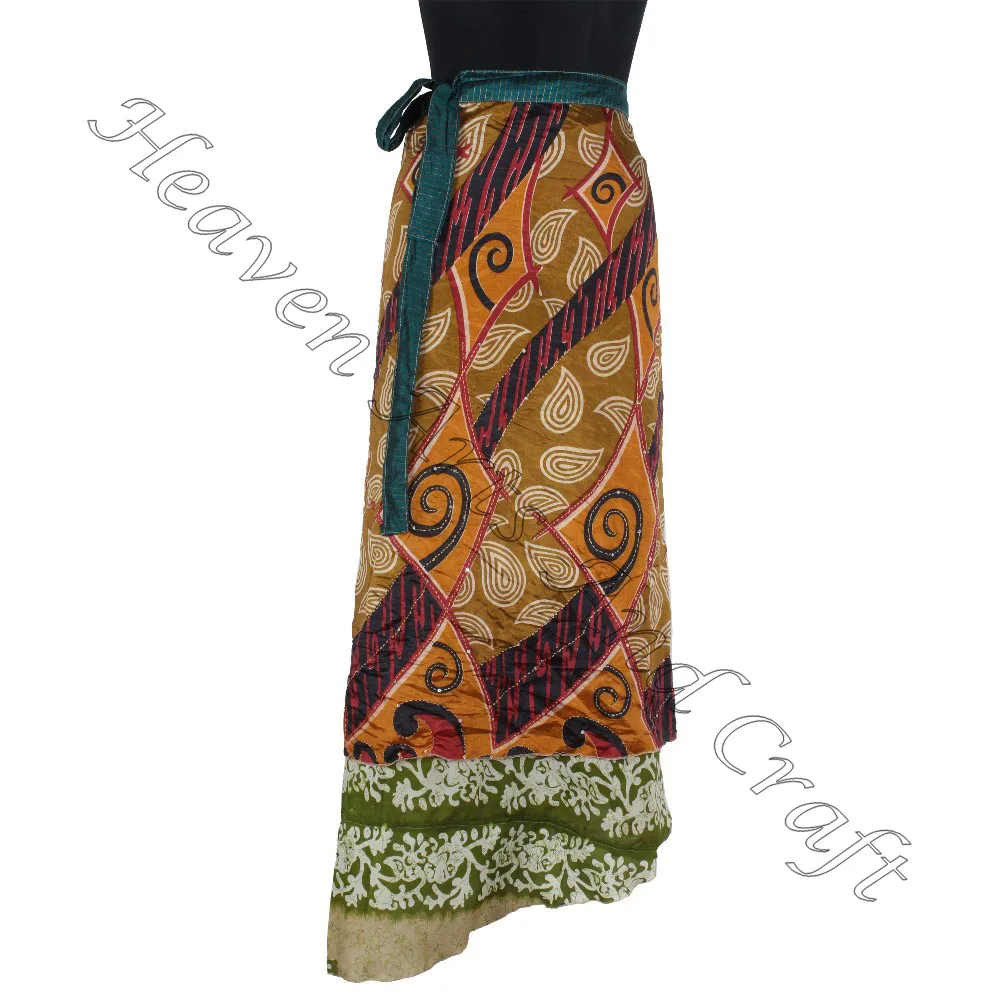 New Girls Silk Long Wrap Skirt Beach Wholesale For Sale Women Wear Vintage Silk Sari Long Length Wrap Around Skirt 2 Layer magic