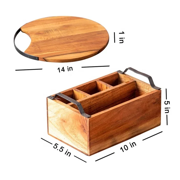 Acacia Wood Cutlery Holder Decorative Storage Holders With Brass Handle Kitchen Rack Home Kitchenware Items