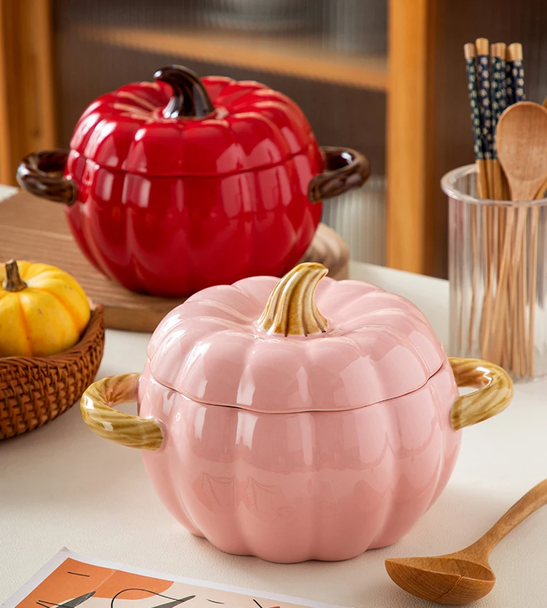 Modern Shaped Ceramic Bowl With Lid Creatively Ceramic White Pumpkins Shaped Dinnerware Bowls With Two Handles