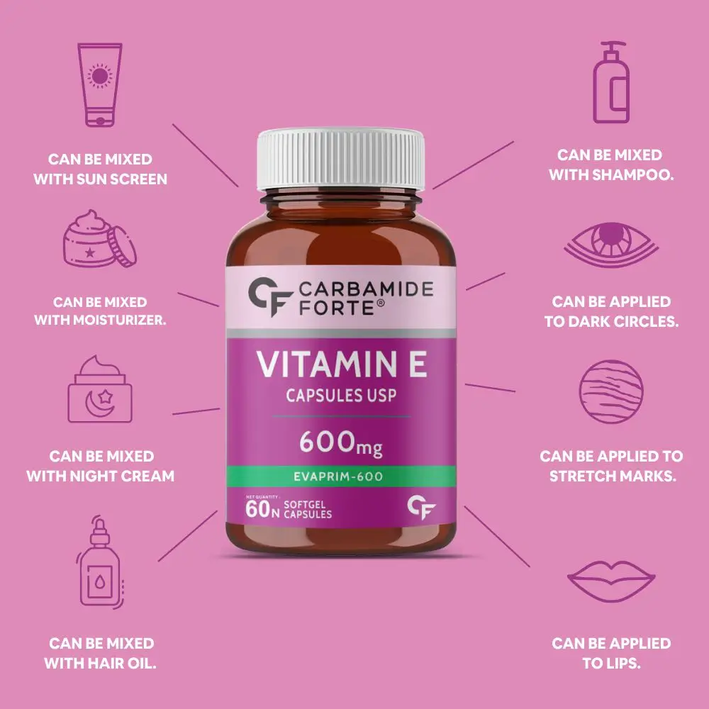 Vitamin E 600mg Capsules for Face and Hair | 100% Natural Vitamin E, Paraben Free- 60 Capsules