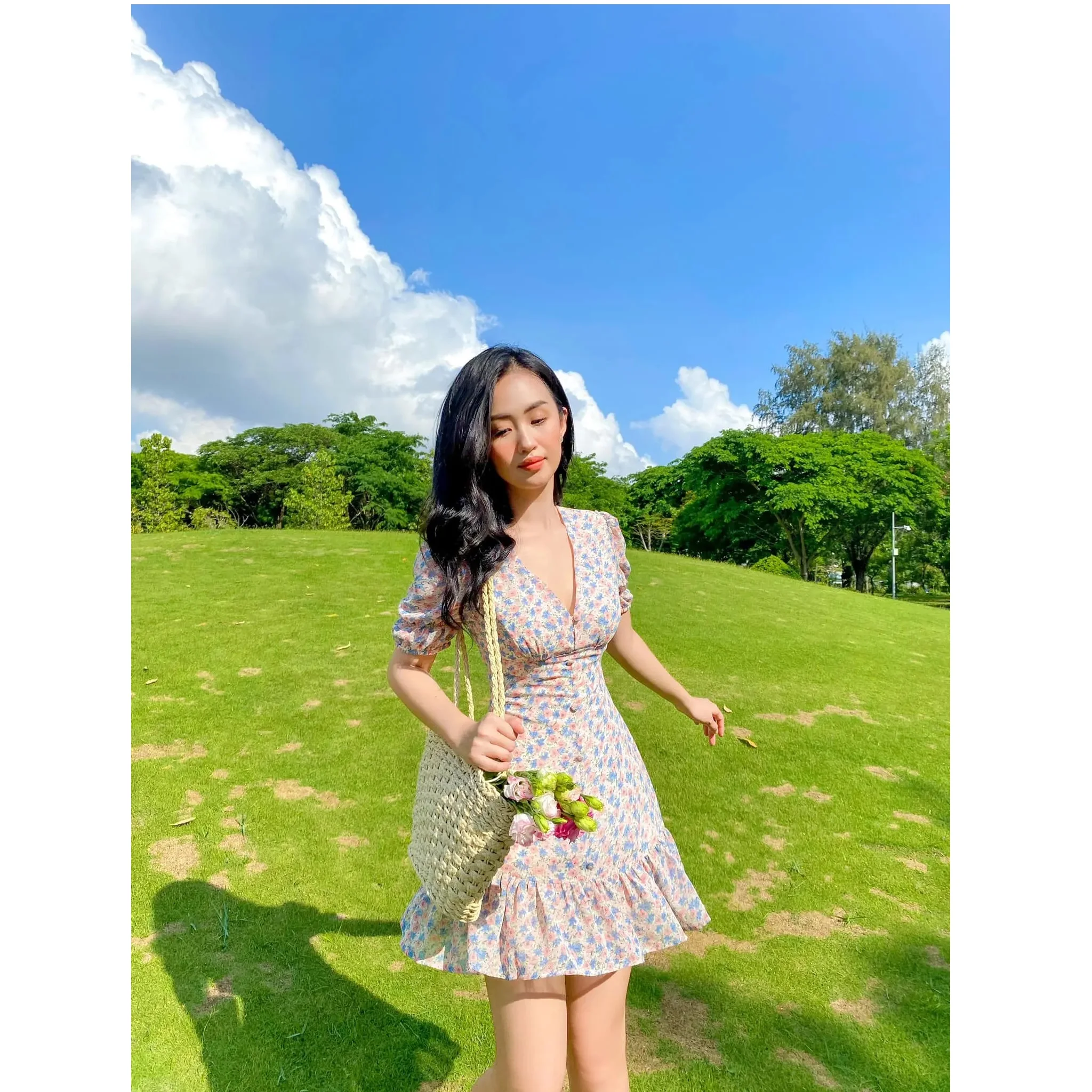 Style Sleeve Mini Dress V Neck Short Latest Korean Summer Fashion Floral Print Chiffon Dress For Women Made in Vietnam