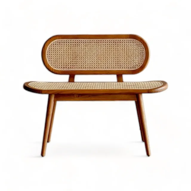 Nordic Living Room Cane Backrest Bench from Natural Teak Wood Frame Vintage Rattan Dining Bench for Home Hotel Apartment Villa