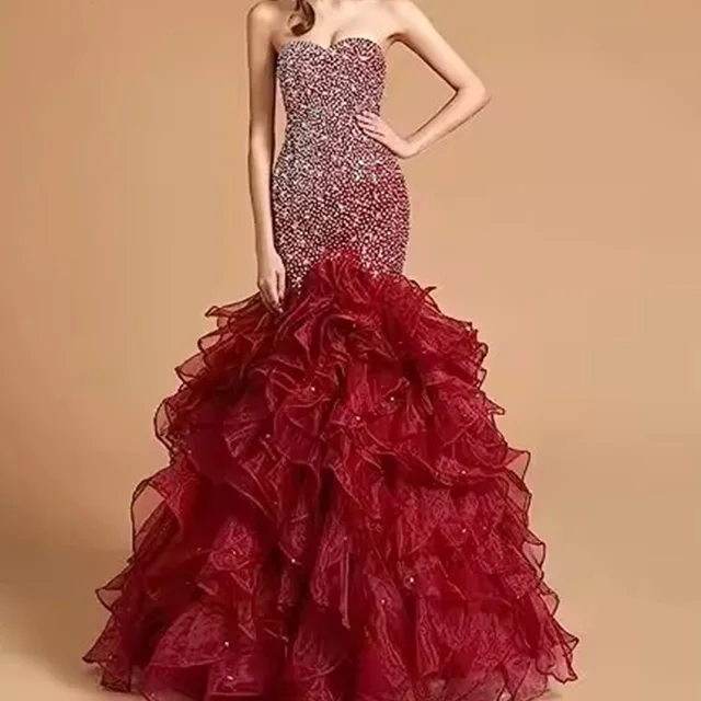 Custom sexy modest women prom red evening dress tube sleeveless bodycon sequin straight folding lace cake-dress maxi dresses