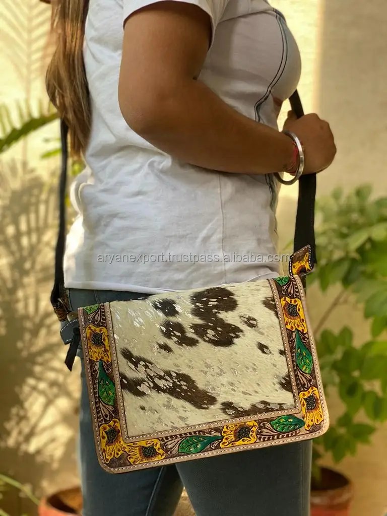 Real Handcrafted Tooled Metallic Fur Leather Handbag Western Women Hobo Crossbody Purse Custom Genuine Leather Shoulder Bag