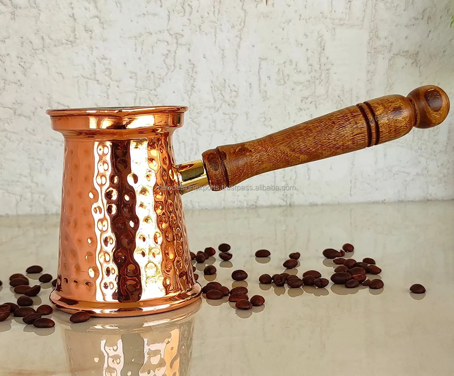 Turkish Greek Arabic Hammered Copper Coffee Pot Stovetop Coffee Maker Briki with Wooden Handle, (Copper)