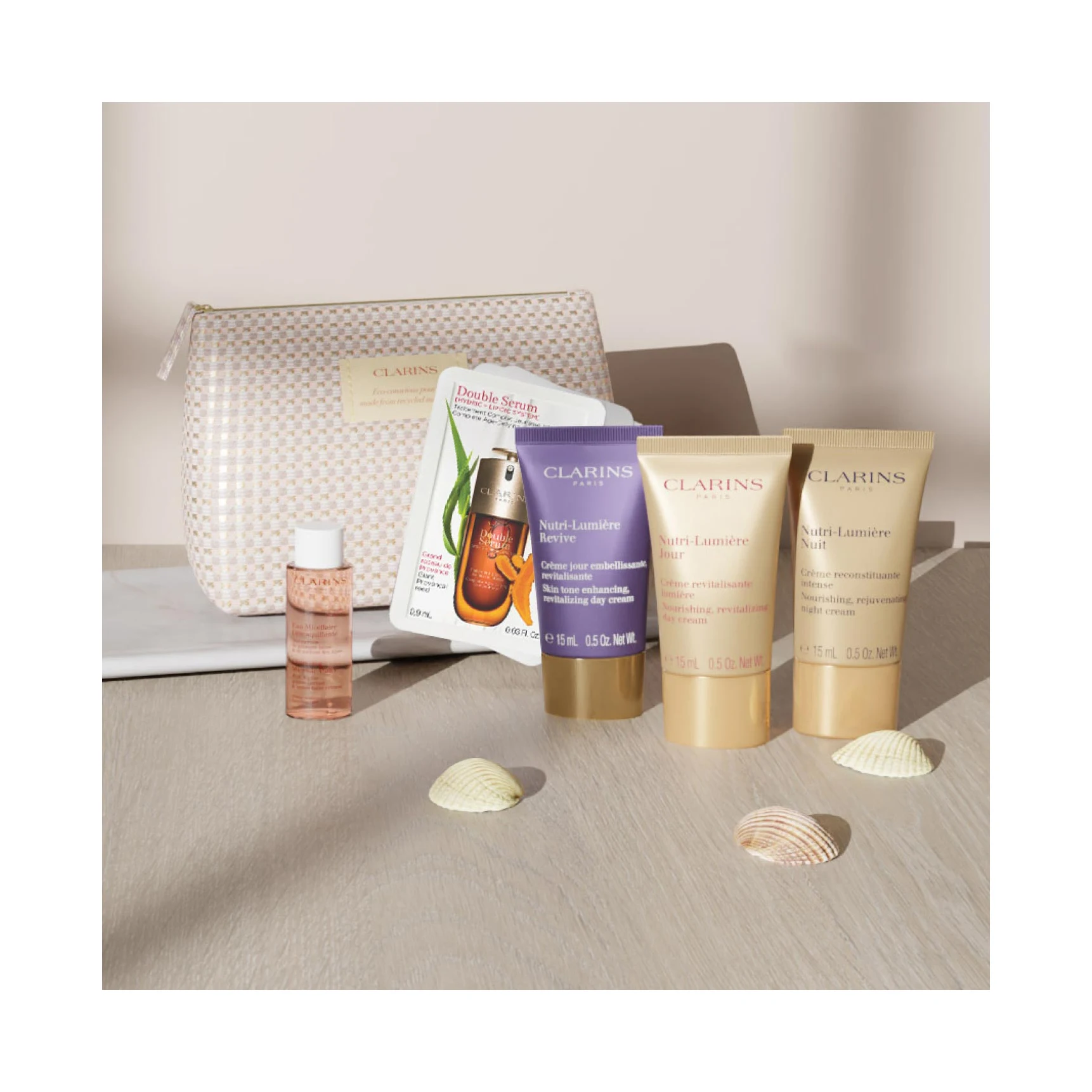 Clarins skincare products, designed to improve skin firmness and reduce wrinkles.