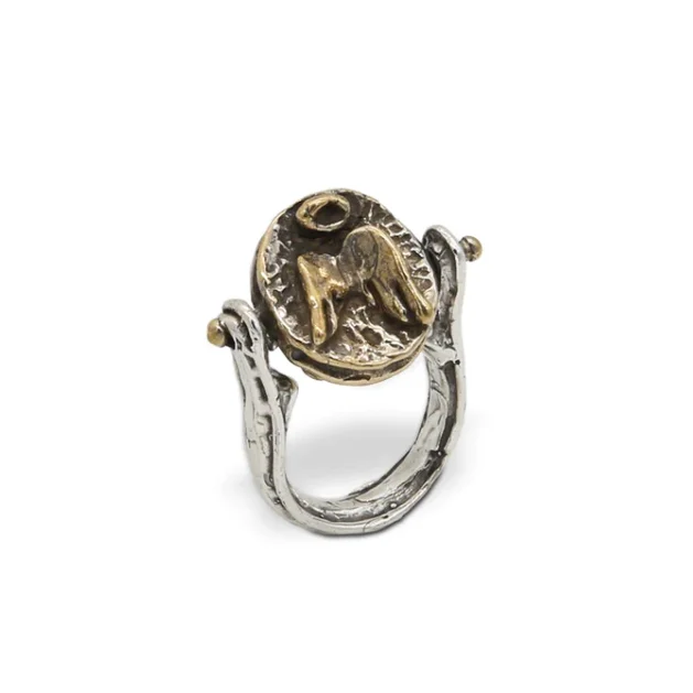 Handmade luxury Sacred and Profane ring in 925 silver with bronze medal movable