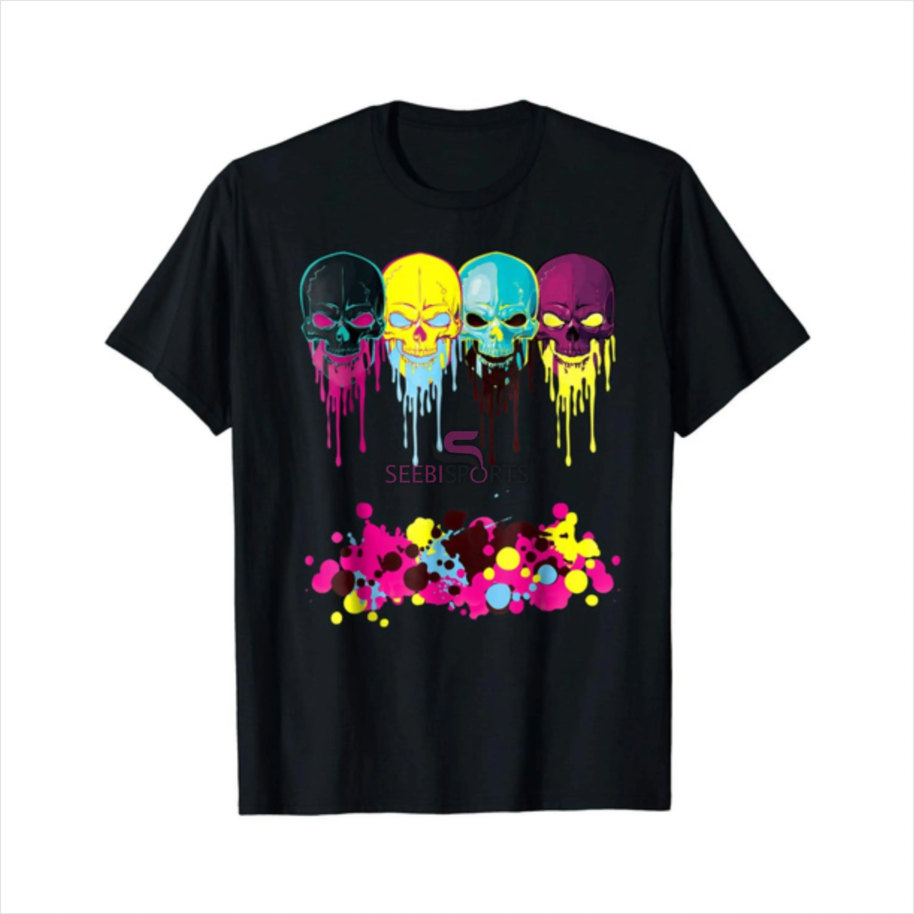 Paint Drip Neon Melting Evil Skull Face T-shirt Men Fashion Cotton Tee Shirt