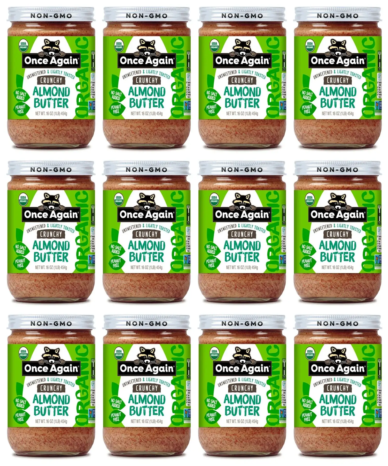 Premium Quality 16oz Jar Case of 6 Organic Crunchy Almond Butter Lightly Toasted Salt-Free Unsweetened Bulk Packed
