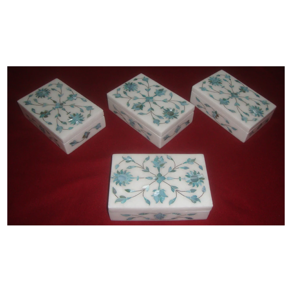White Marble Green MOP Floral Marble Boxes Manufacture Made In India Mother Of Pearl Variety Inlay Marble Boxes