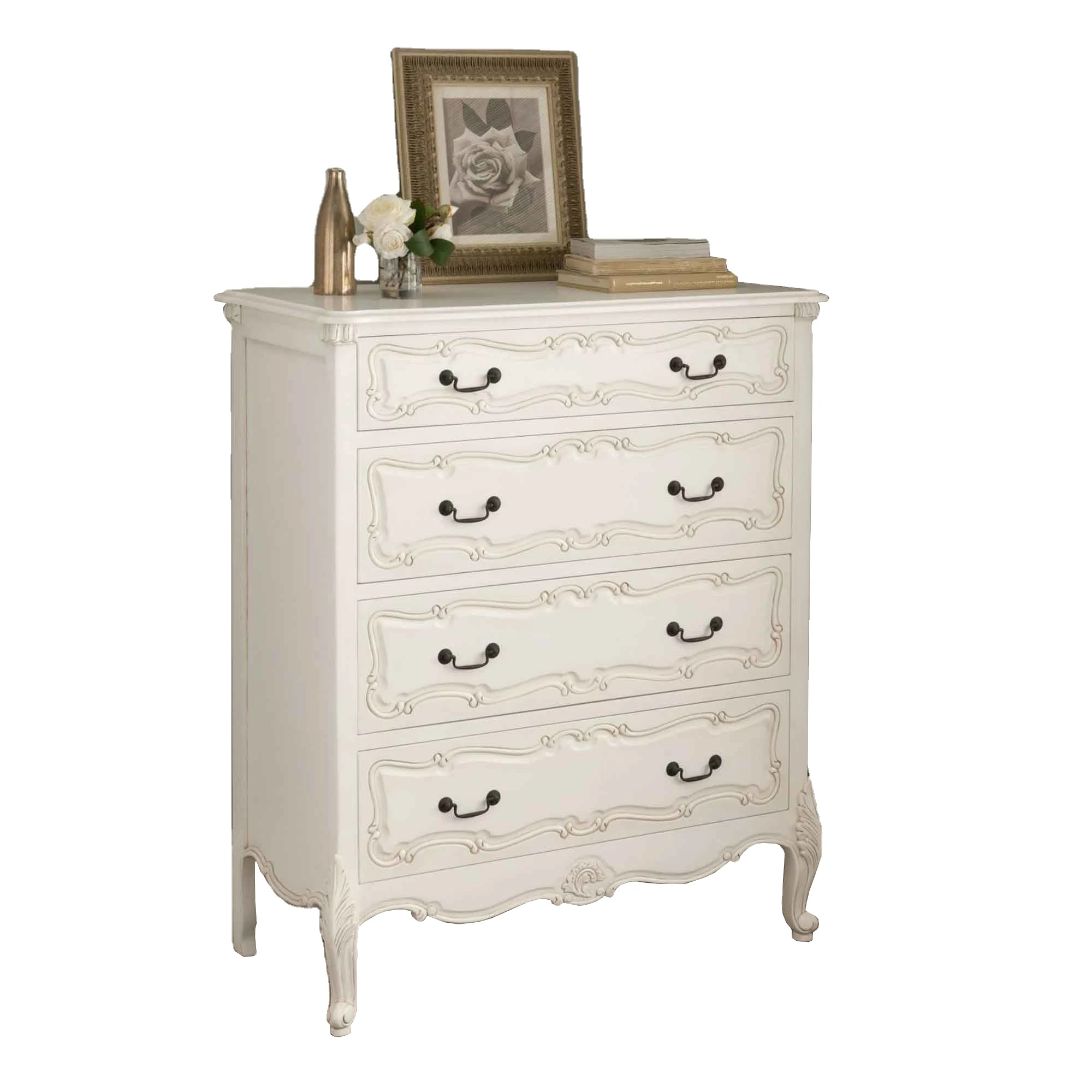 European Antique French Style Solid Mahogany MDF 4-Drawer Dresser Luxury Hand Carved White Color Storage Bedroom Set Low Cost