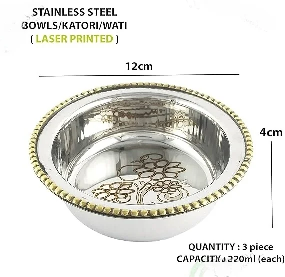 Stainless Steel Two Tone Thali Set of 7 pcs 1 Dinner Plate 1 Halwa Plate  2 Katori Bowl 1 Glass 1 Spoon. Brass Steel Lunch