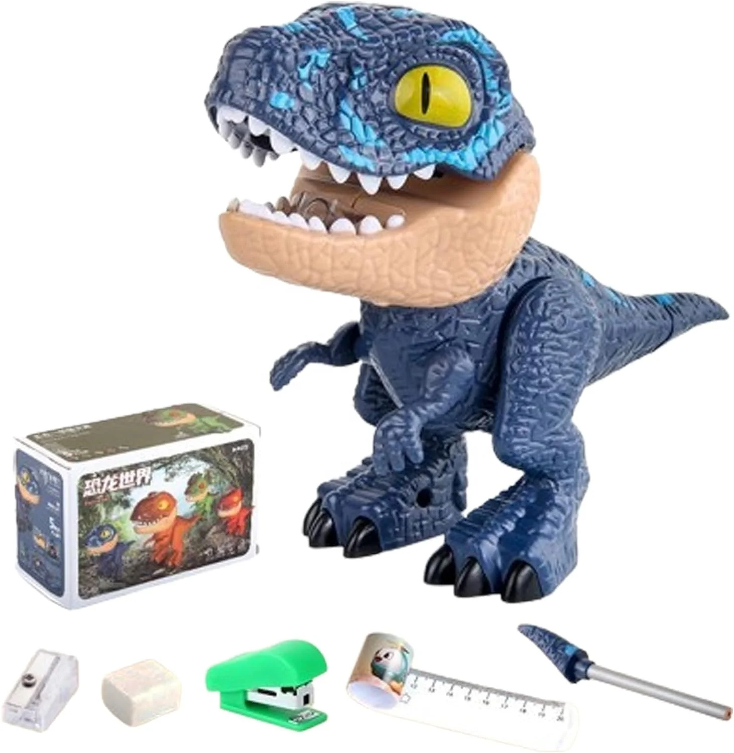Dinosaur toy 5 in 1 dinosaur stationery set with pencil eraser flexible ruler stapler sharpener kids learning school stationery