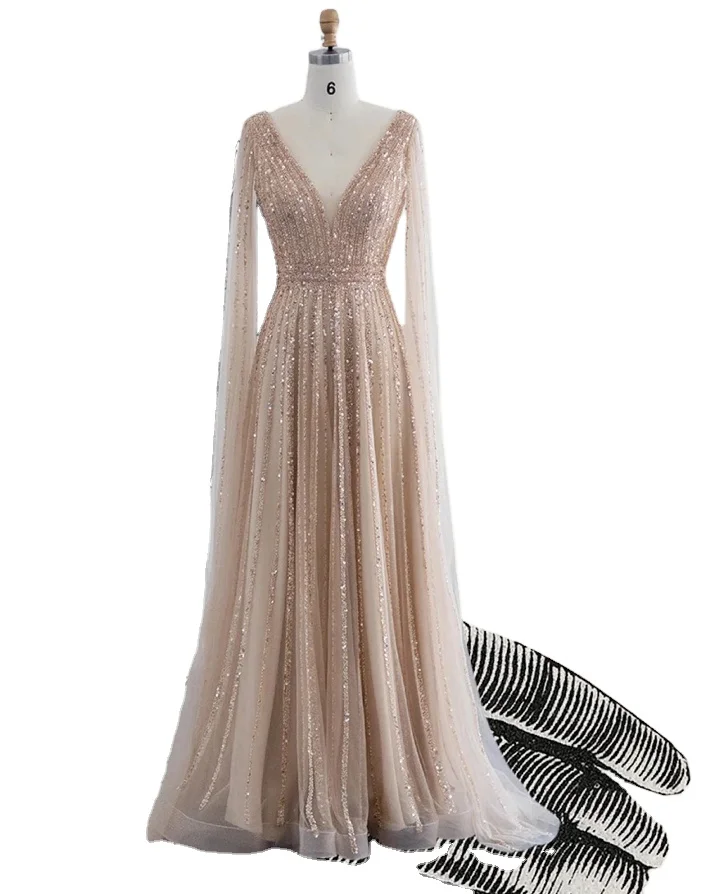 Stunning Wedding Dress With Winged Bridal Cape, Art Deco Embellished Evening Dress in pink Champagne Gold & Green ~ ANGEL ~
