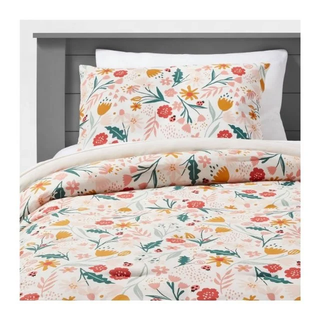 Vintage Peach Floral Pure Cotton Embroidered Retro Comforter Cover Colorful Daisy Bedding Set With 2 Pillow Sham Full Size 3 Pcs