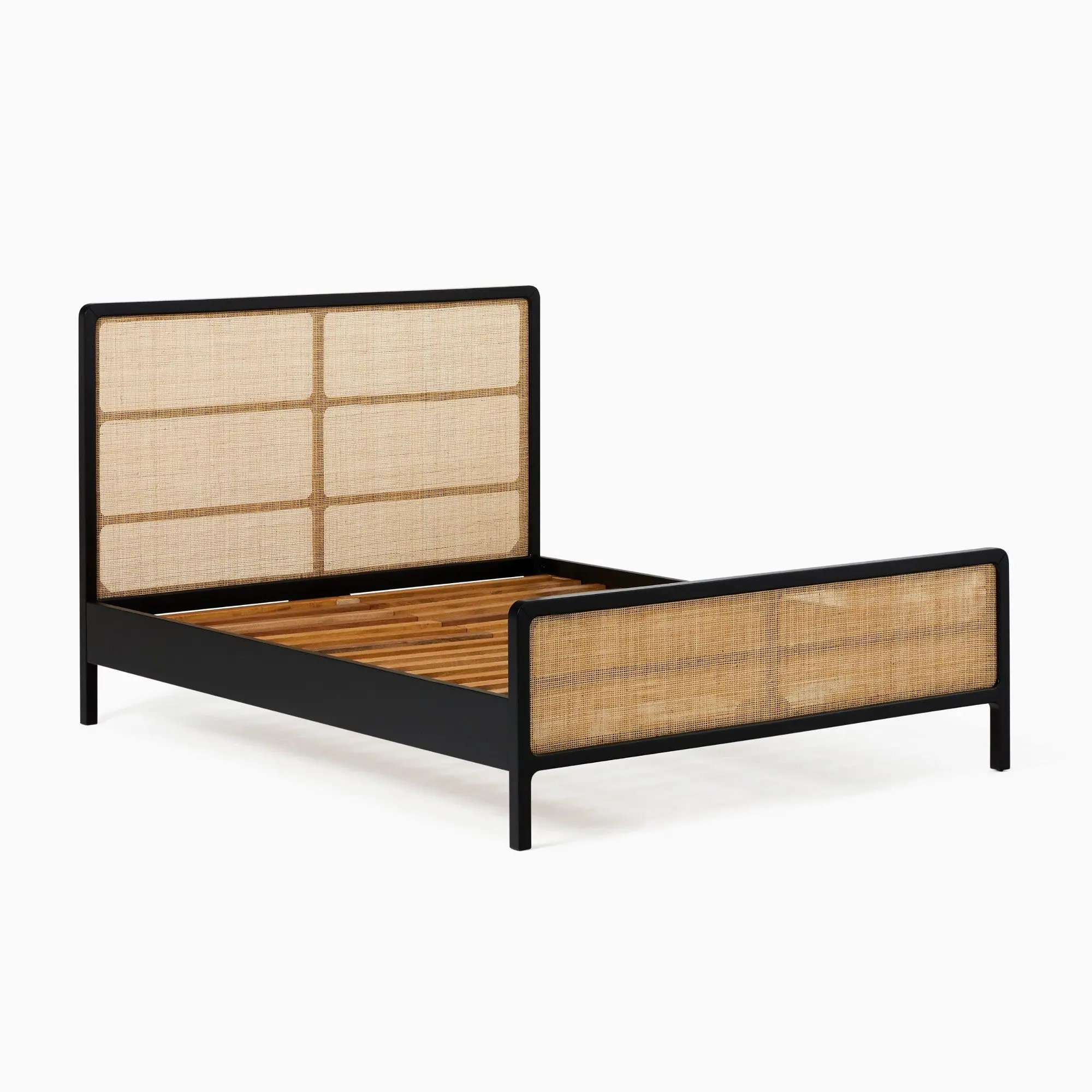Modern Queen Size Bed Frame with Natural Rattan Headboard Pine and Birch MDF Styles for Hotel Bedrooms