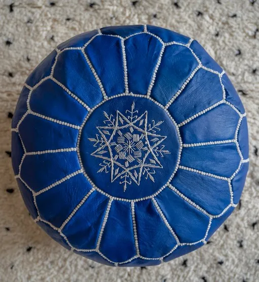 Morocco Craft Blue Genuine Leather Unstuffed Round Pouf - Ottoman Footrest, Footstool - Bohemian chic
