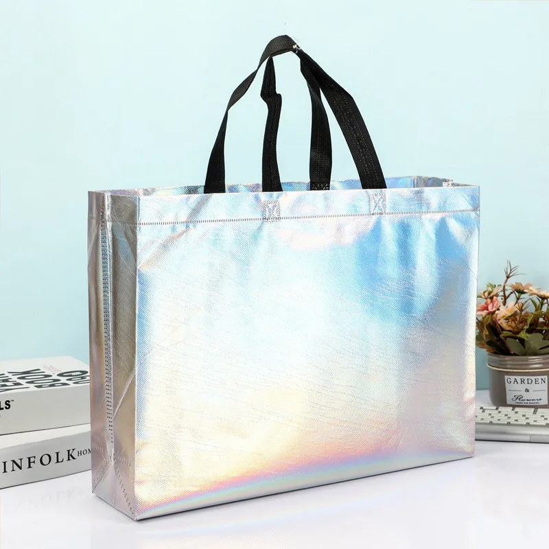 Promotional fashion recycled glitter holographic laser iridescent silver gift shopping bag tote non-woven bag