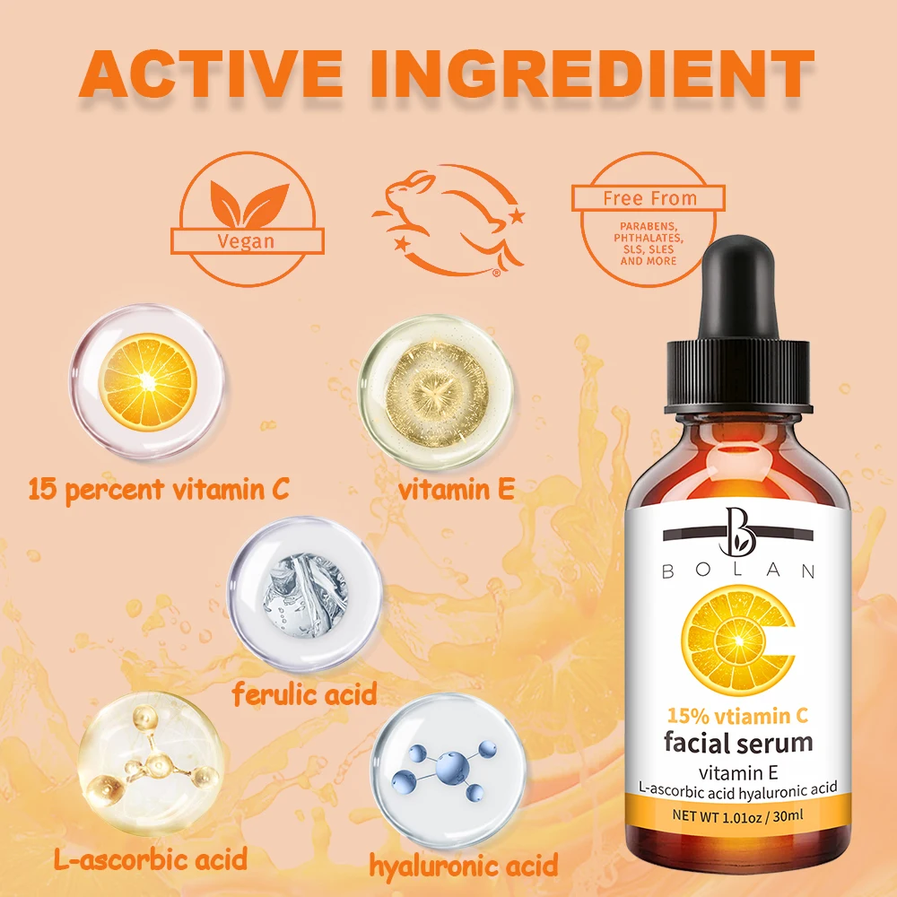 OEM Best Brightening Face Ascorbic Acid Vitamin C Whitening Serum Skin Care With Hyaluronic Acid For Dark Spots