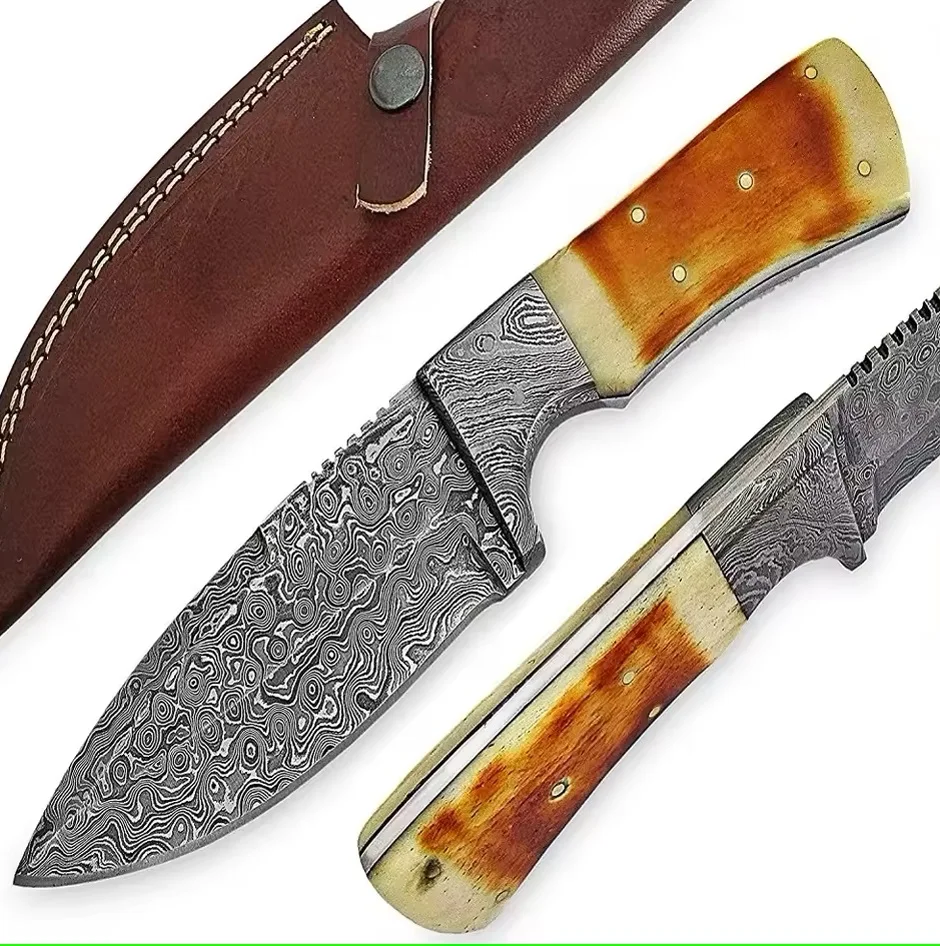 Factory Price Outdoor Survival Camping Hunting Knives with Damascus Steel Blade 3cr13 Material Firework Bone Handle for Chopping