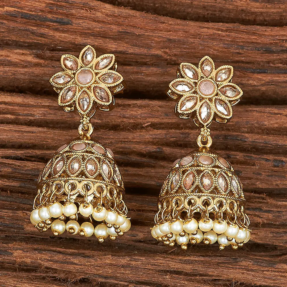 Latest Wholesale Quality Of Mehndi Plated Antique Reverse Ad Stone Jhumki Earring With Pearls