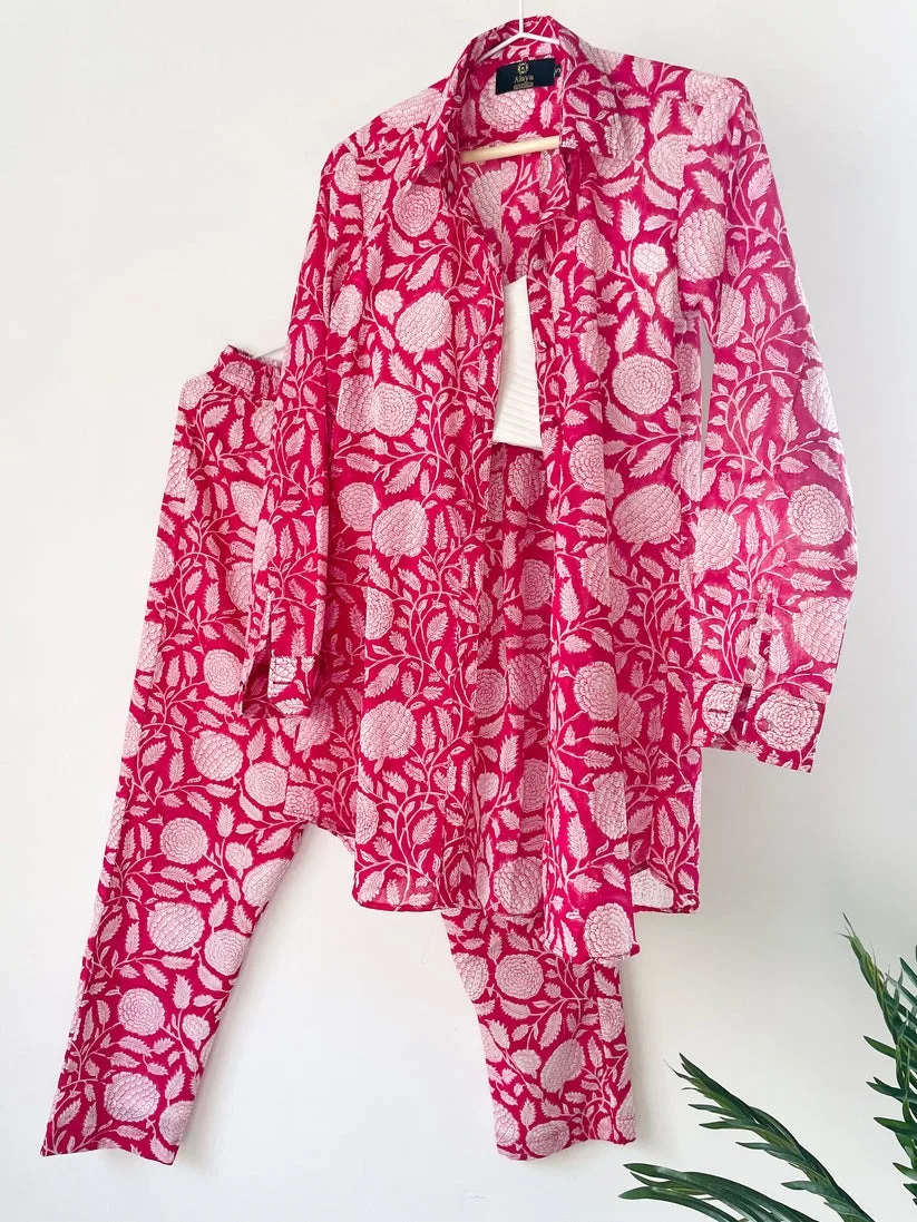 Magenta Jhaal Co-ord Set Casual Dress for Womens closed neck Cotton Women Dress from Indian Manufacturer and Exporter