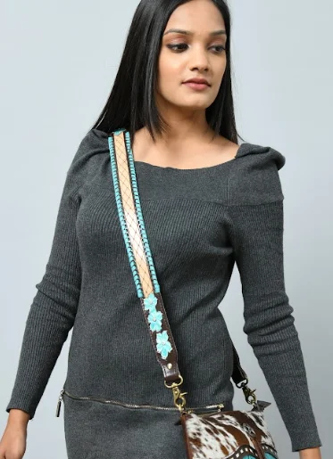 Real Cow Leather Antic Brass Hard Ware Leather Purses Straps Handles Leather Straps for Bag  With Turquois braiding