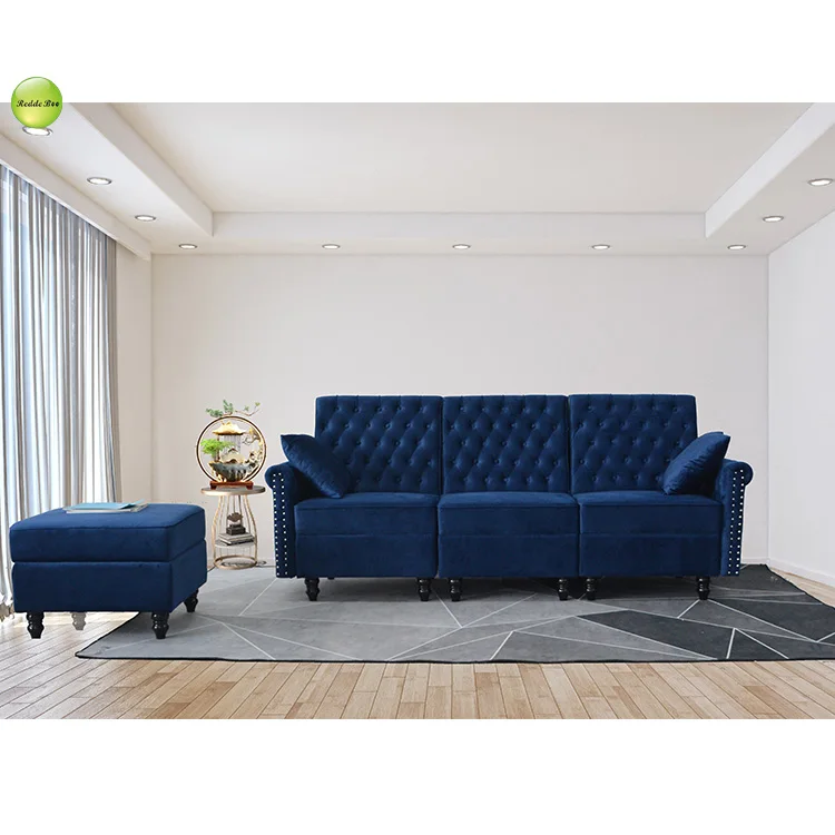 high quality living room furniture new classic blue velvet moduler sofa 3 seat and ottoman with storage wholesale from USA