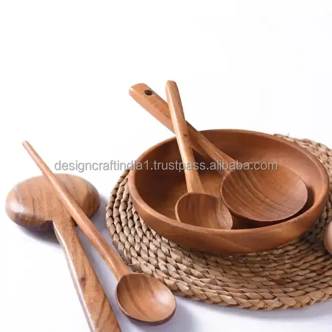 2023 Hot Selling Home Decor Wooden Bowls with Utensils Wooden Forks and Spoons Mix size Stackable Dish for Fruit Salad Vegetable