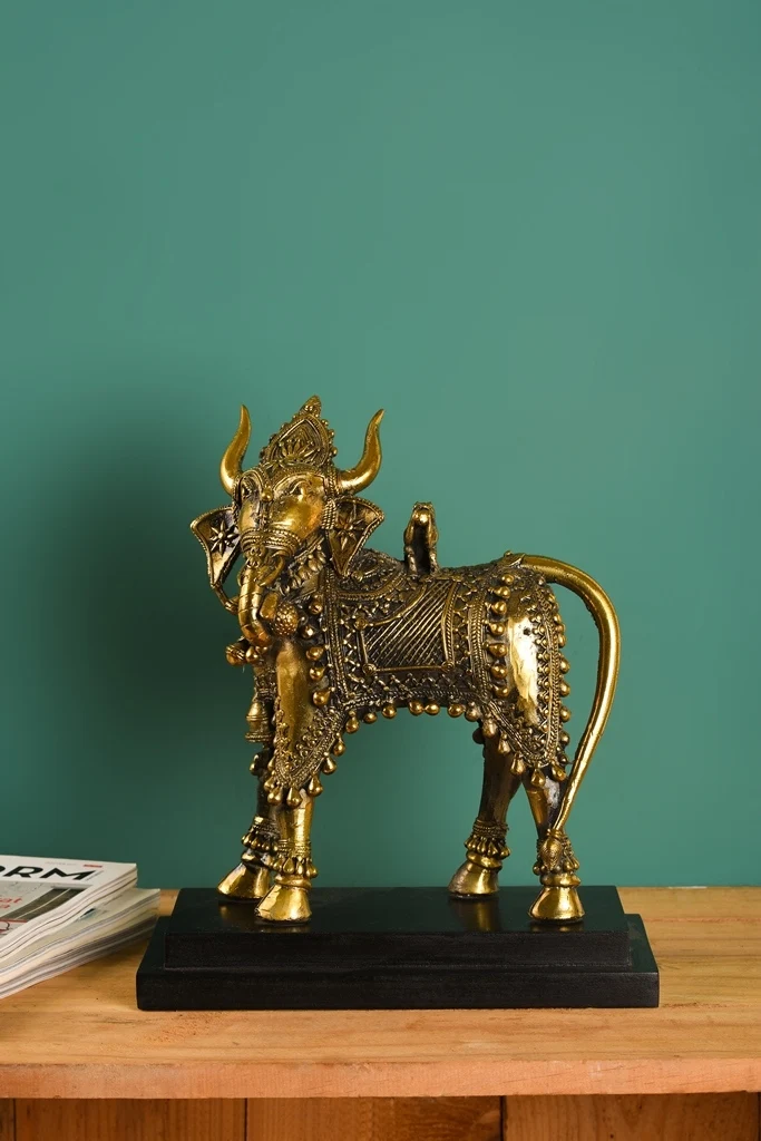 Ganesh Nandi with Base Dhokra art Idol Brass Handcrafted