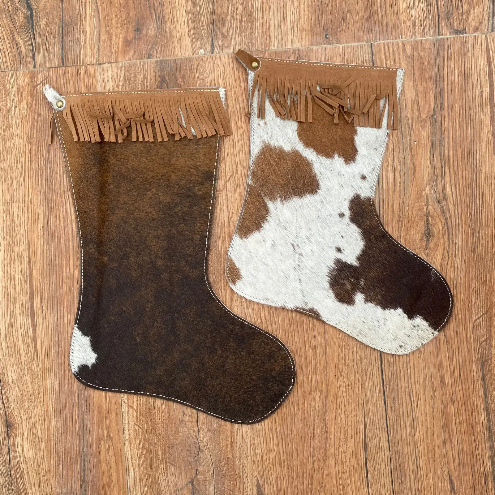 Premium Quality Hair On Cowhide Leather 16 Inches Christmas Stocking Full Grain Genuine Leather Fringe Christmas Tree Stockings