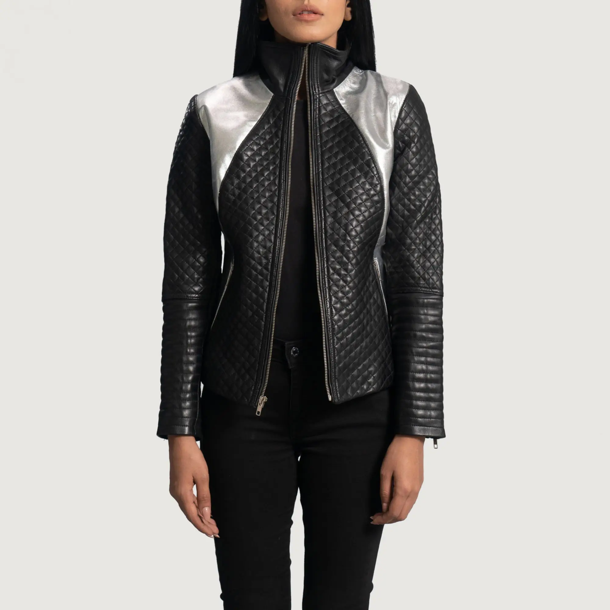 Real Leather Sheepskin Aniline Zipper Alia Metallic Black Women Biker Jacket with Quilted Viscose Lining and Inside Outside Pock