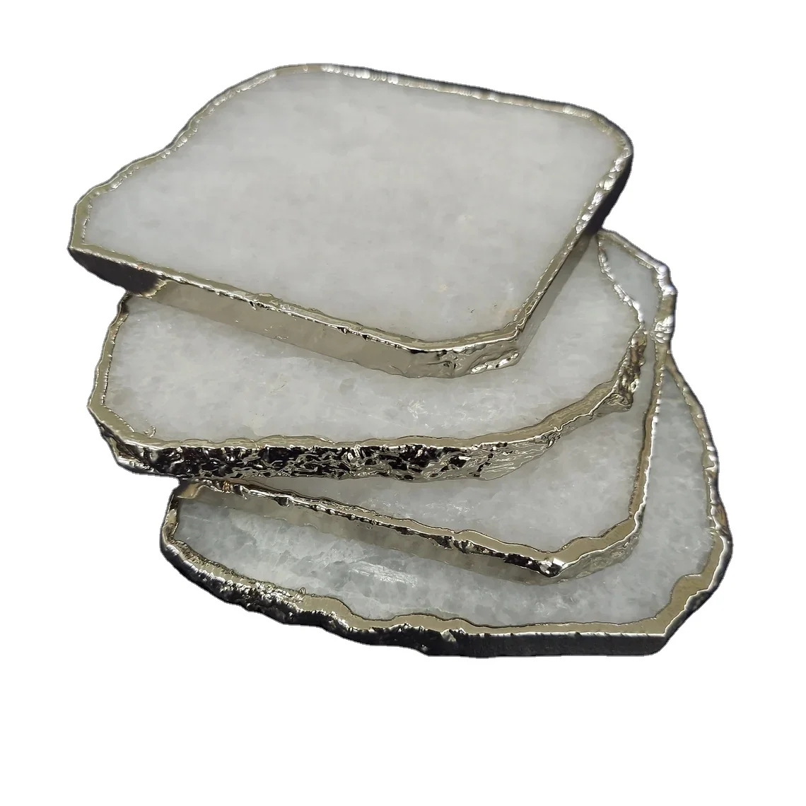 High Quality White Quartz Agate Coaster Set with Gold Trim Crystal Sliced Gemstone Geode Cup Holders for Coffee/Tea
