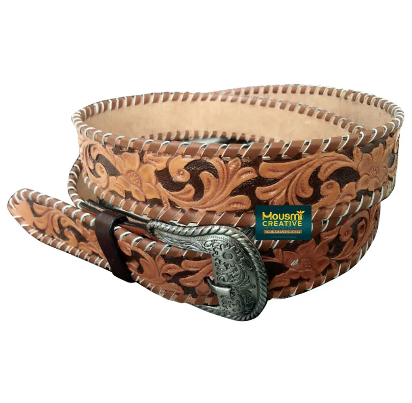 Custom Colour Leather Lace Braided Western Belt Genuine Cowhide Tooling Unisex Cowboy Leather Belt Antique Copper Plated Buckles