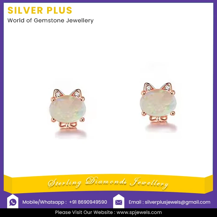 14k Solid Yellow Gold Genuine Opal Gemstone Stud Earrings Diamond Jewelry Exporter Bulk Order