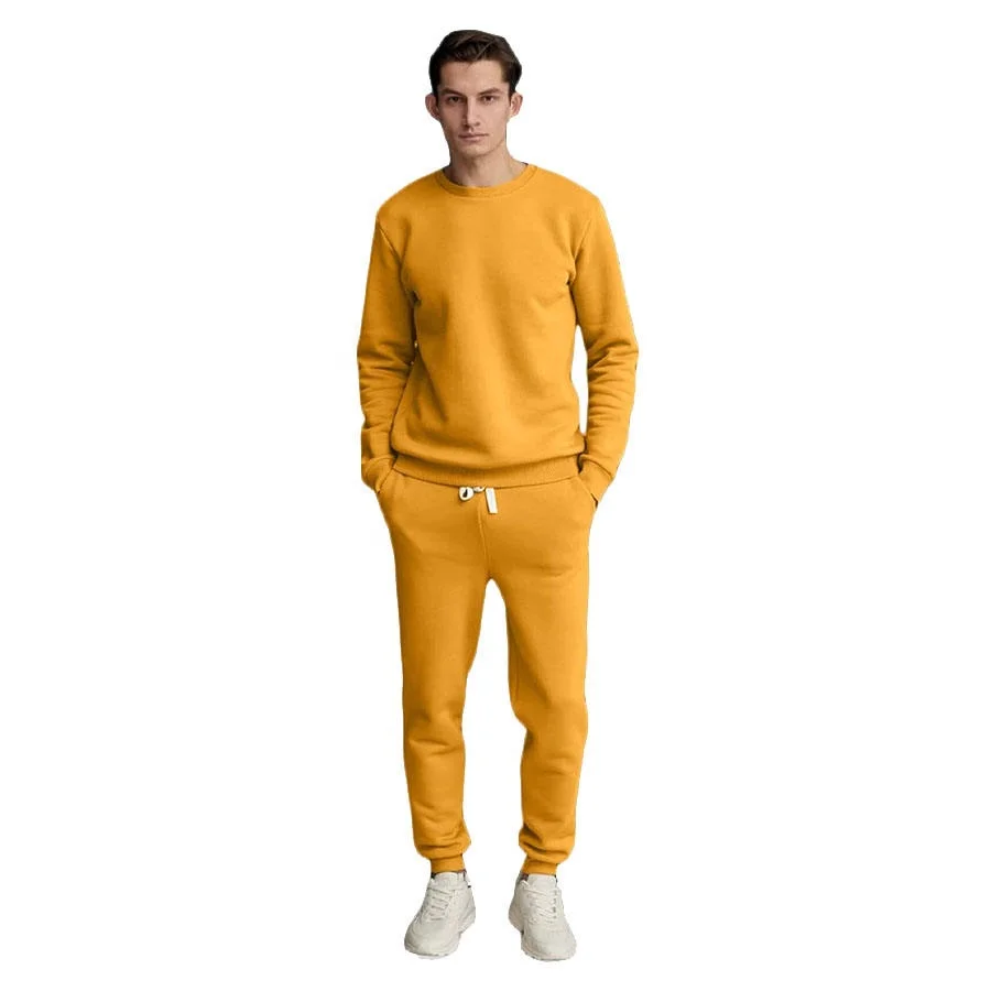 Top Quality Men Yellow Color Cotton Fleece Crewneck Sweat Suit Set For Sale Men Blank Casual Crew Neck Sets By Fashion