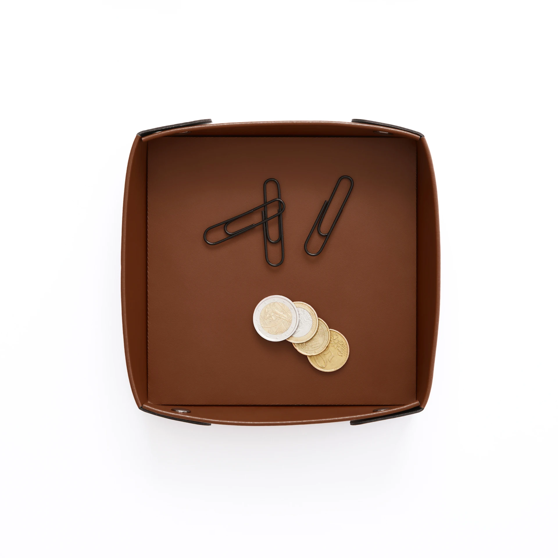 Square Valet Tray Bonded Leather Orange Brown cm 16x16 H4 Brass Rivets on the Corners Made in Italy