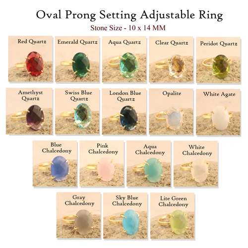 Woman fashion jewelry faceted oval white agate gold plated adjustable ring gemstone prong setting statement ring jewelry for her