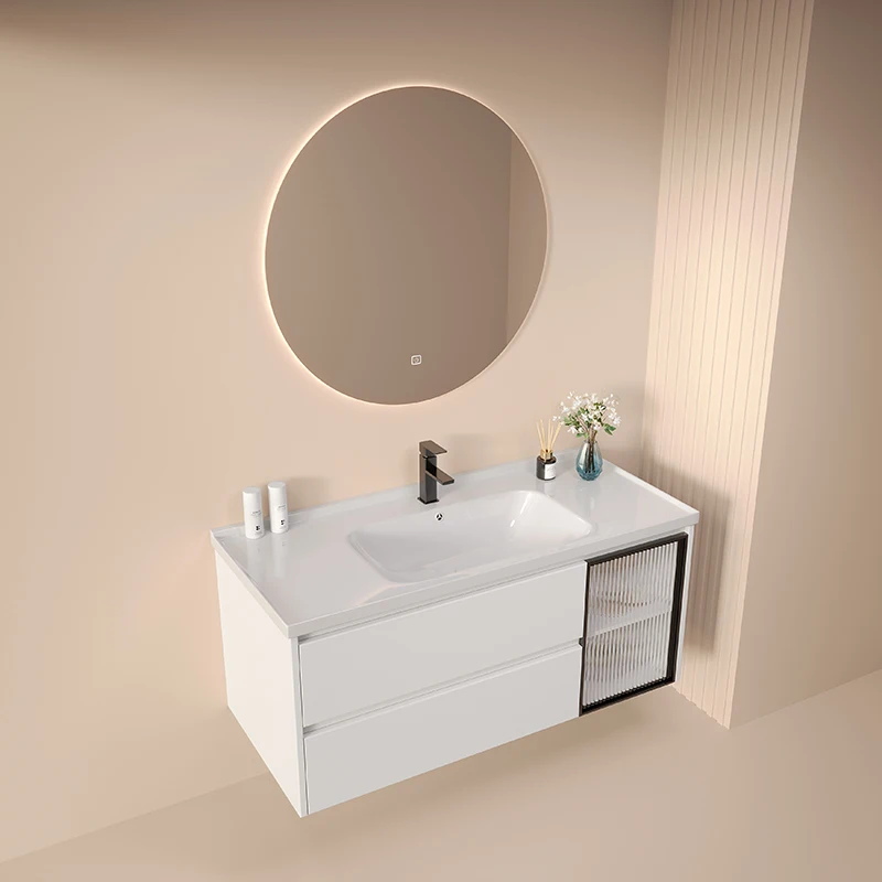 Bathroom White Bathroom Cabinet Set Smart Mirror Cabinet With Light Wall Mounted Ceramic One Piece Washbasin