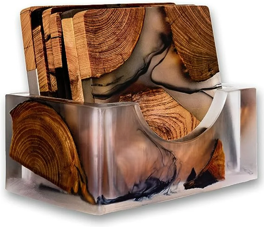 Hot sale amazon 2023 Top Quality Customize Square Round Epoxy Wood Resin Coaster With Holder Set