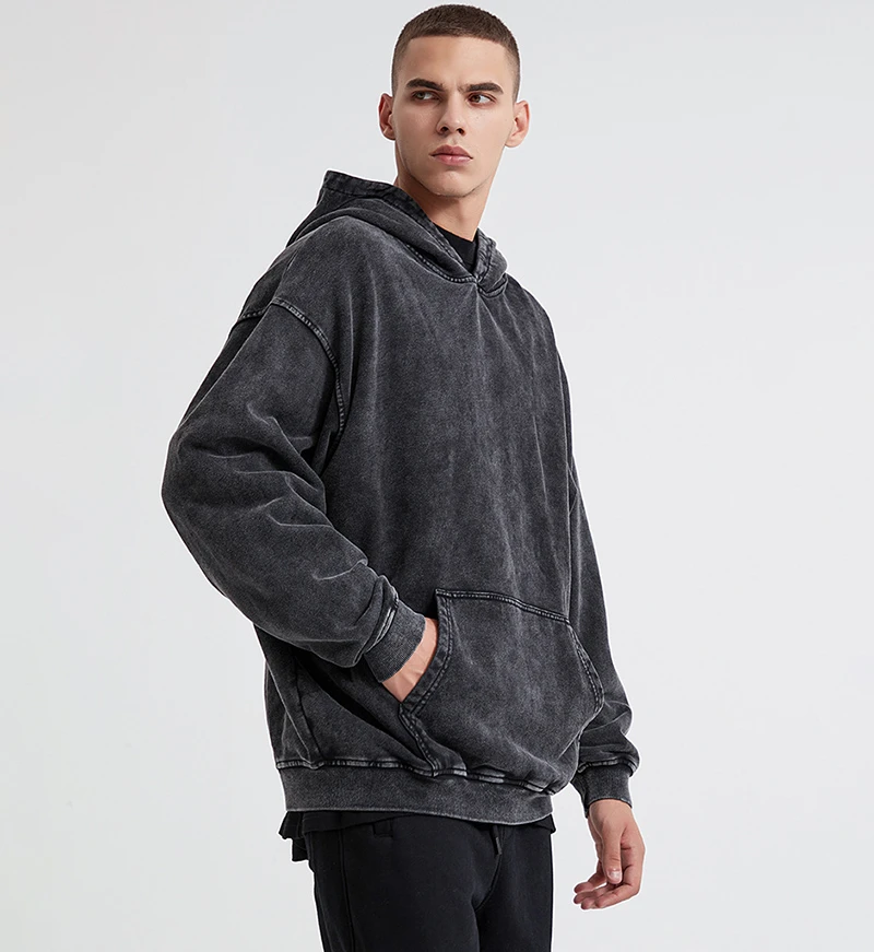 Heavy weight 430gsm French terry black pigment dye hoodies plus size stone wash men hoodie