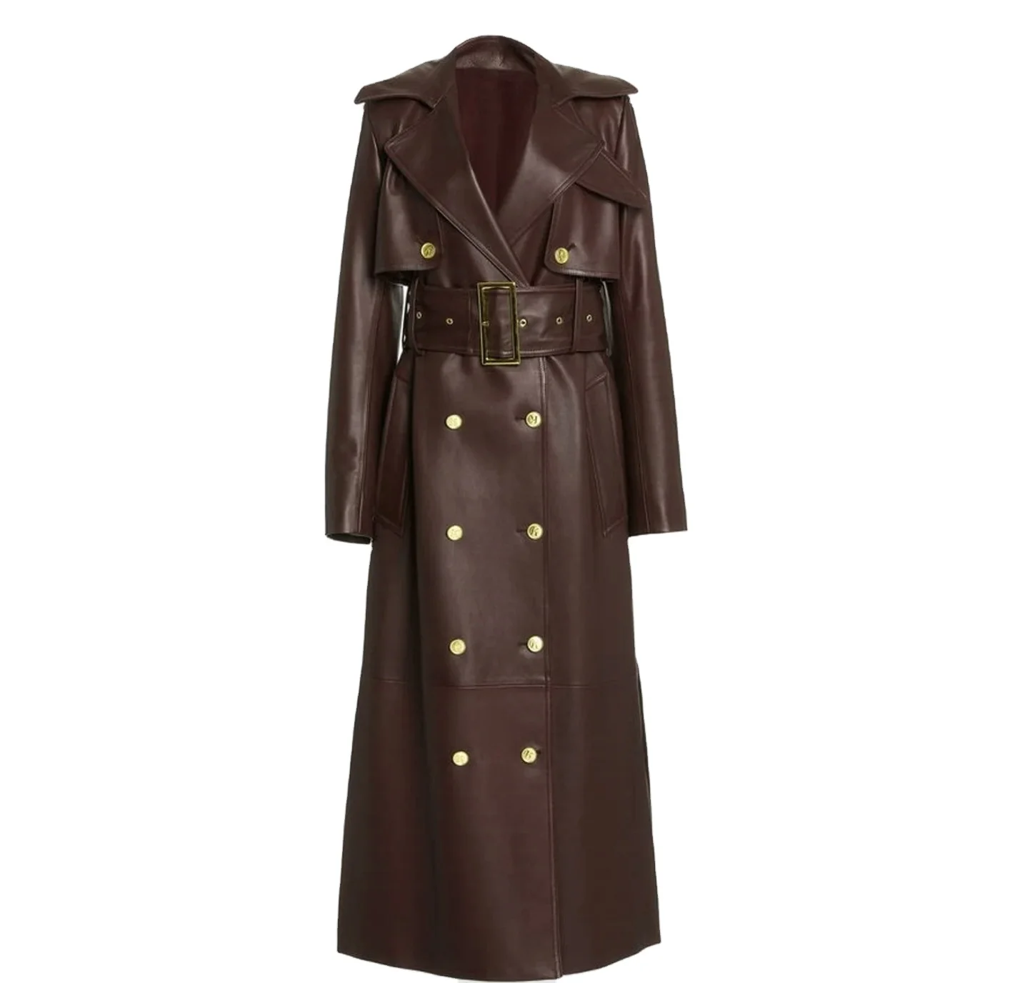 Leather Trench Coat Brown Sheepskin Leather Fashion with Belt / Long Women Autumn Winter 100% Leather Coat in high quality