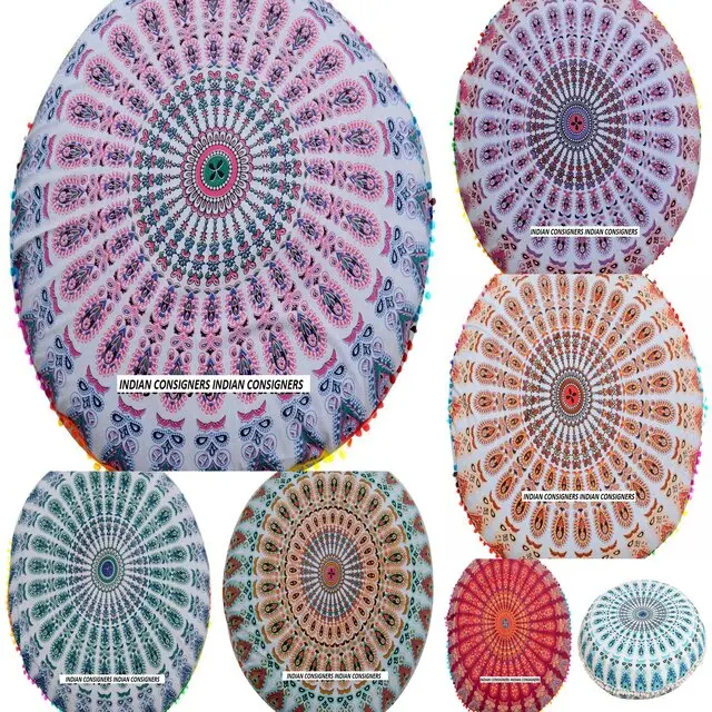 Ethnic Pouffe Mandala Floor Cushion Round Cover Ottoman Pouf White Cotton Fabric Multiple Color