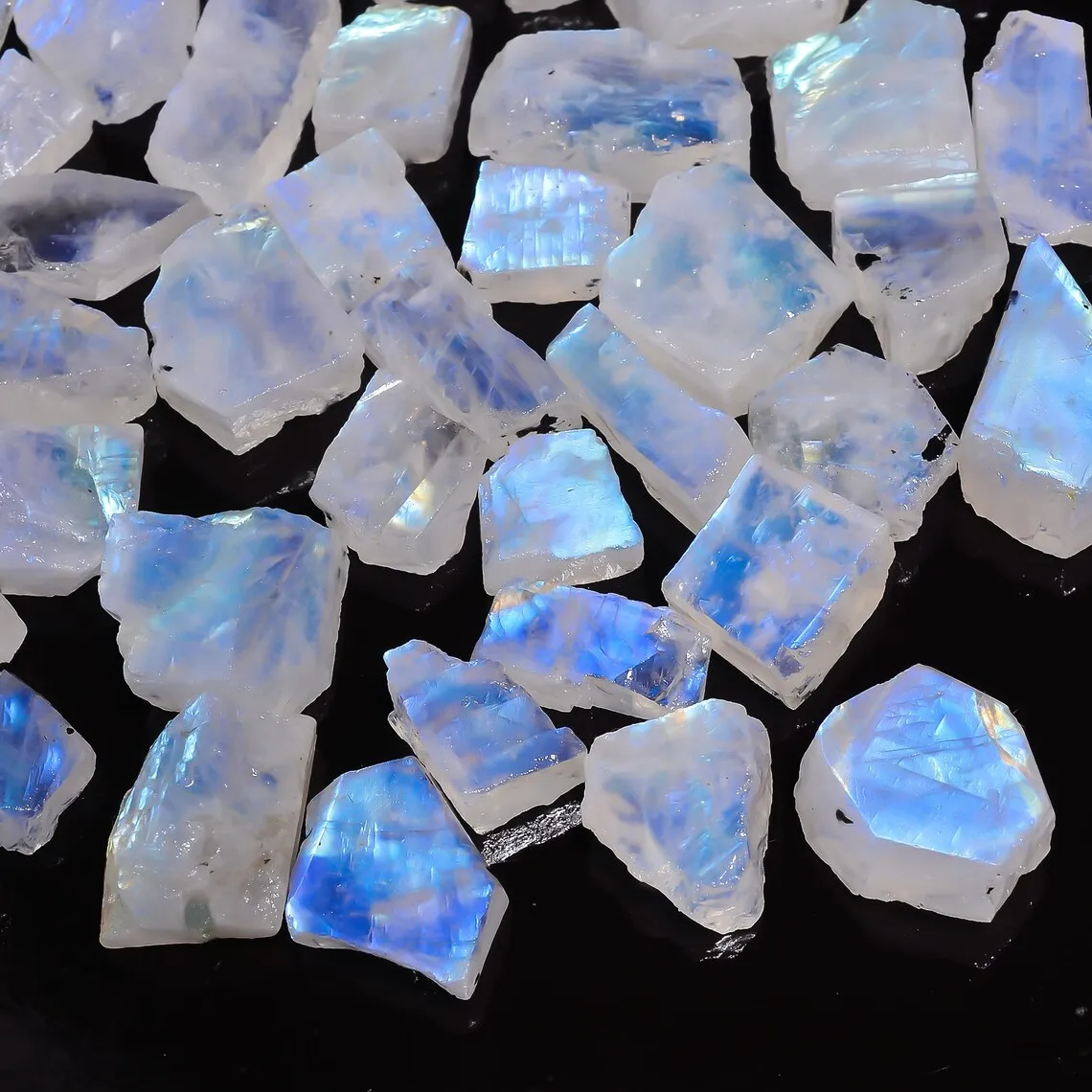 Blue Moonstone Raw Gemstone, Natural Fire Flashy Rainbow Moonstone Loose Chips, Top Quality Wholesale Crystal Mineral Slab
