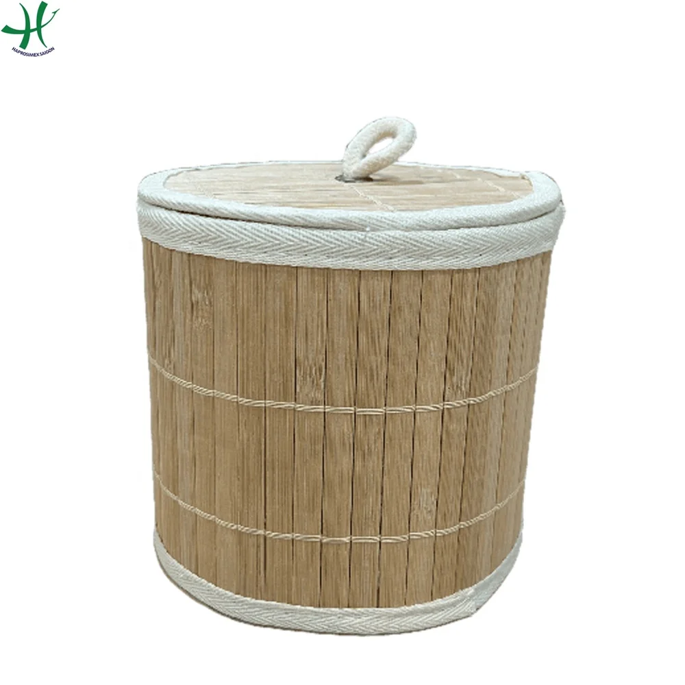 Cheap Wholesale Bamboo Round Shape Basket with lid and cotton rope handle, bamboo products