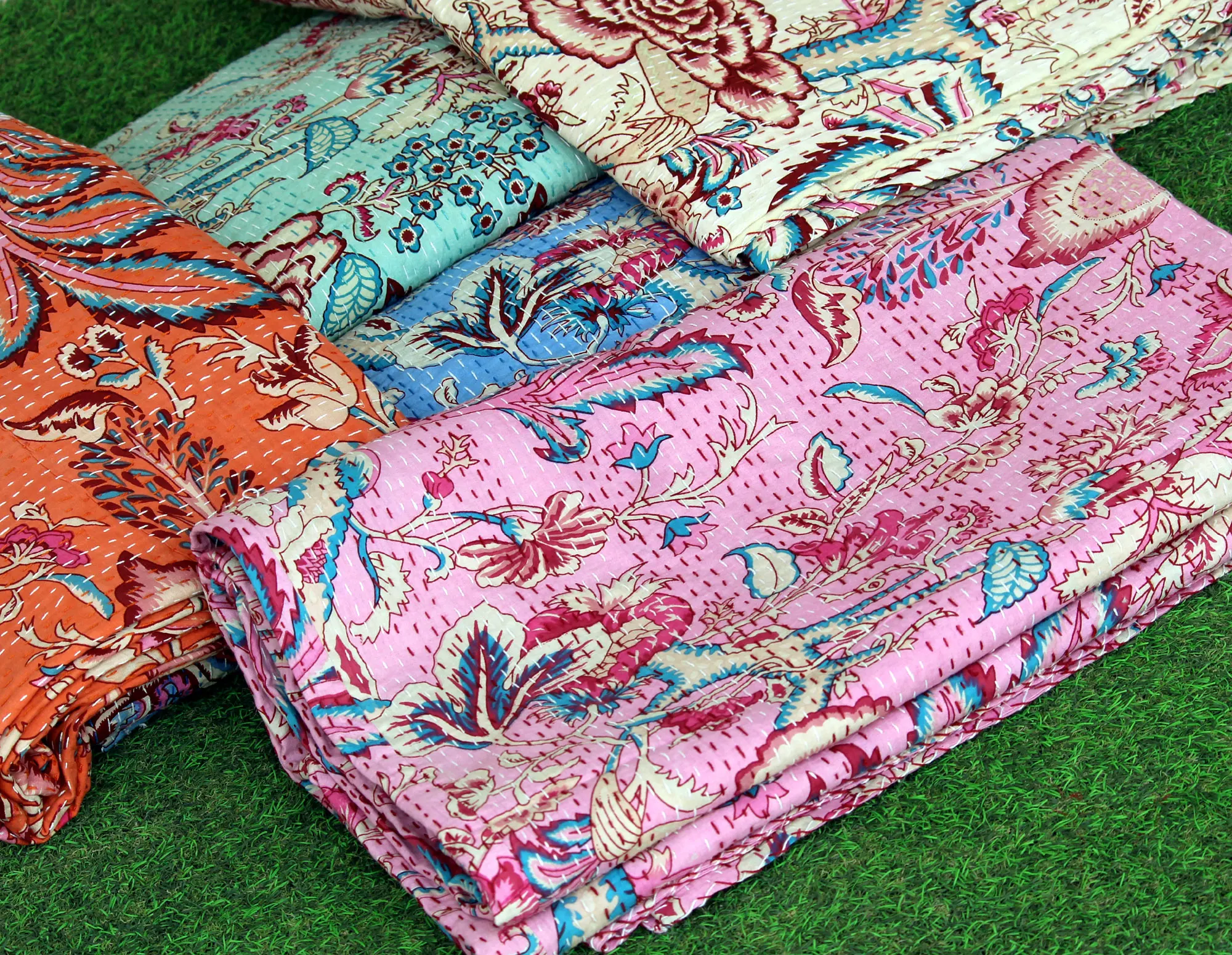 Kantha Quilt Indian Hand Printed Floral King Quilt Single Pure Cotton Bohemian Bed Cover